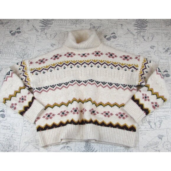 $118 Evereve Lyra Fair Isle Turtleneck Sweater Ivory Wool Bld Cozy Pullover XL - Picture 3 of 10
